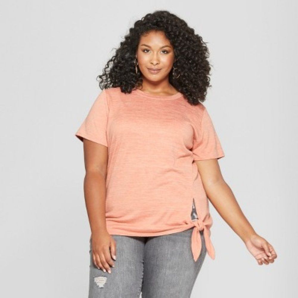 AVA &viv Pink Short Sleeve Women's Plus Scoop Neck Knot On Waist Top Size